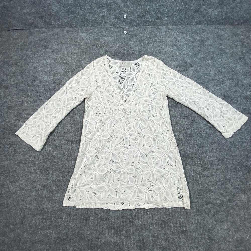 J Valdi White Floral Lace V-Neck‎ Tunic Beach Cover-Up 3/4 Sleeve Side Slits